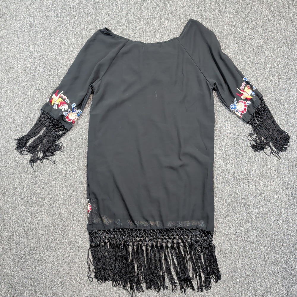 Rancho Estancia Boho Western Embroidered Fringe Shift Dress Small Black Tassel - Picture 5 of 9
